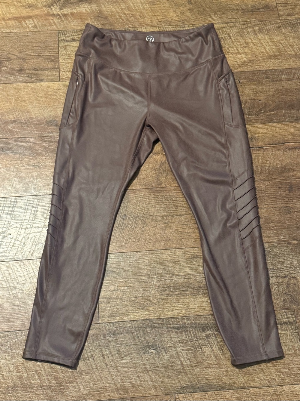 Move Theology Brown Faux Leather Moto Leggings